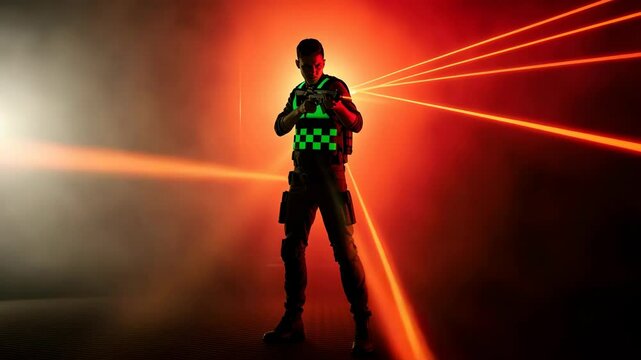 Military man shooting with a laser gun in a dark and smoky environment with red laser beams