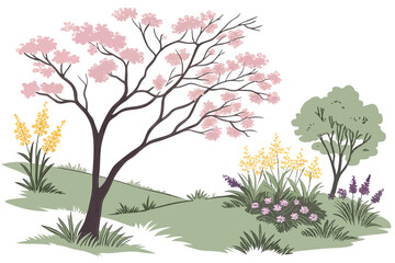 14 Watercolor trees and bushes, vibrant spring colors, botanical illustration, pastel pink cherry blossom, lush yellow forsythia, delicate purple lilac, green foliage, isolated flora elements, landsca