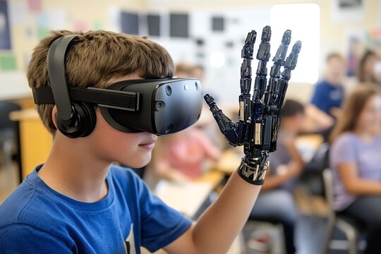 Elementary school student wearing virtual reality headset interacting with robotic hand during a science class, exploring the future of technology and education