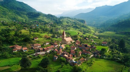 Fototapeta premium Picturesque Village nestled in Lush Green Valley with Church and Rice Terraces