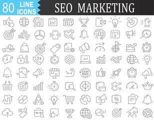 SEO & Marketing Line Icons Collection — Large Flat Design UI Set, Thin Outline Vector Pack for Digital Strategy & Promotion | EPS10