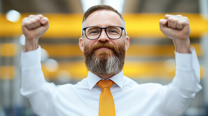 Obraz premium Confident man celebrating success with raised fists and a beard, wearing glasses and a tie.