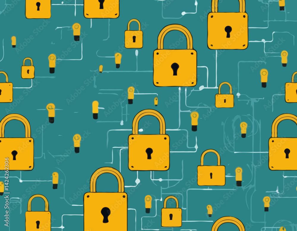 Poster visual representations of data security with padlocks and circuit patterns showcasing cybersecurity 