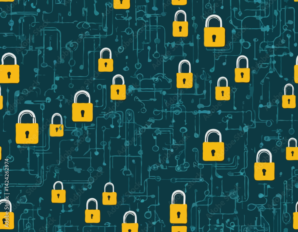 Poster visual representations of data security with padlocks and circuit patterns showcasing cybersecurity 