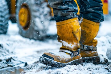 A close-up of a construction worker's lower body, showing protective wear during work in snowy conditions, symbolizing dedication and hard work against harsh weather
