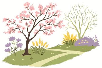 14 Watercolor trees and bushes, vibrant spring colors, botanical illustration, pastel pink cherry blossom, lush yellow forsythia, delicate purple lilac, green foliage, isolated flora elements, landsca
