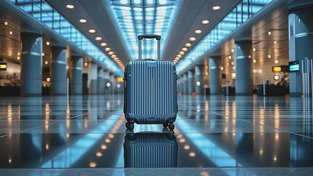 The Journey's Beginning: A singular suitcase, the harbinger of adventure, stands poised in the vast, modern expanse of an airport terminal, reflecting the sleek.