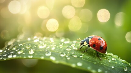 Obraz premium Ladybug Crawling on Dew-Kissed Leaf in the Morning Light Close Up Shot