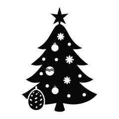 Festive Christmas Tree Silhouette Decorated with Eggs and Stars on White