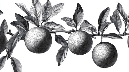 Monochrome oranges branch, botanical illustration, white background, seamless pattern, food design