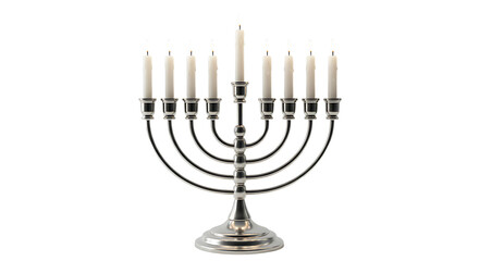 Fototapeta premium A Hanukkah menorah with lit candles against a plain, bright studio background