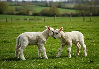 Fototapeta premium two cute lambs playing on the farm