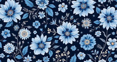 Seamless Blue Floral Watercolor Pattern on Dark Navy Background.