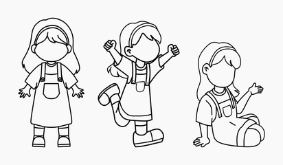 Set of cartoon girls in outline style for educational coloring pages