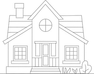 Vector house with dashed lines for kids tracing and coloring activity. Great for printable worksheets and learning.