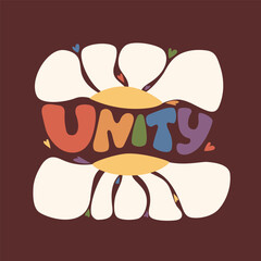 Retro Groovy Rainbow Lettering in colors of LGBT Flag. Handwritten text Unity with Daisy Flower Power. Vector illustration. LGBTQ community. Gender equality and diversity relationships. Pride month