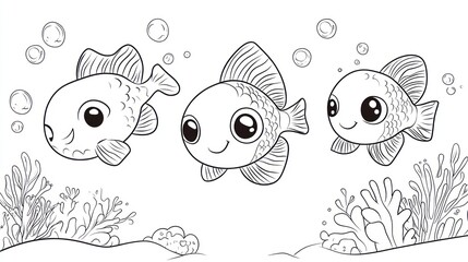 Cute cartoon fish underwater scene, coloring book