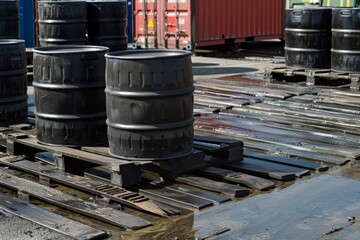 A polyethylene spill containment pallet holding barrels, ensuring safety and environmental protection for the surrounding area