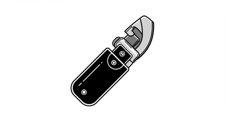 Black & White Illustration: Enclosed Metal Tool with Rectangular Case.