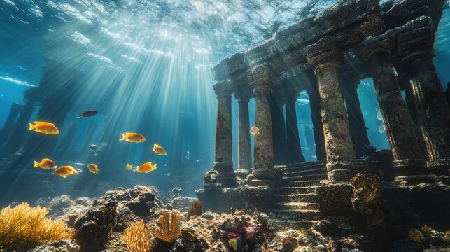 an underwater temple in the middle of the ocean with fish swimming in front of it