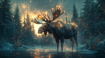 Golden Moose in Enchanted Canadian Forest – Independence Day Wildlife Art