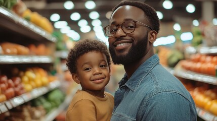 Naklejka premium Happy Black Father and Son at Grocery Store