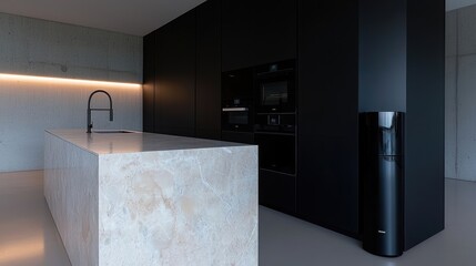 Modern kitchen island with light beige countertops and dark cabinets. Sleek appliances and minimalist design