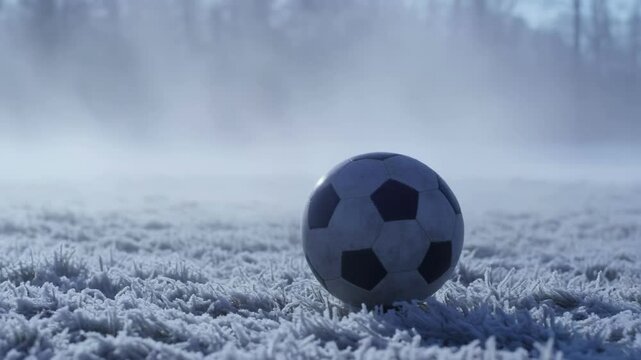 A close-up of a soccer ball resting on a frosty field under a morning fog, showcasing the serene atmosphere of winter