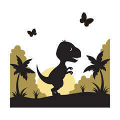 Playful baby dinosaur silhouette chasing butterflies