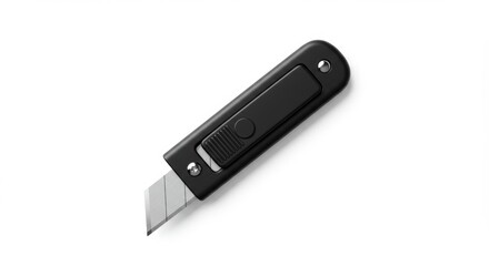 Black utility knife, retractable blade, isolated on white, sharp precision.