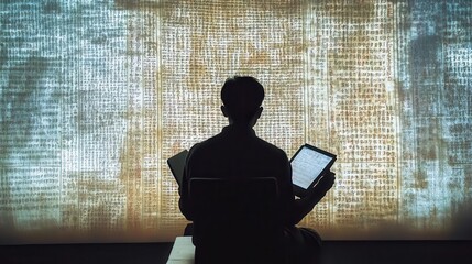 A person studies ancient texts displayed on a large wall.