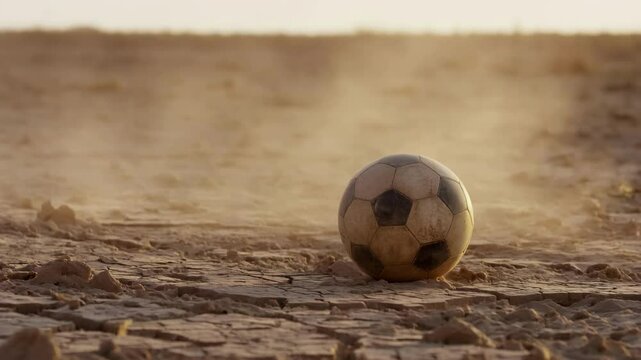 A weathered soccer ball rolling on dry, cracked earth, with dust swirling in the warm sunlight. The scene evokes nostalgia and the spirit of