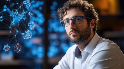 A focused male professional contemplates intricate data networks.