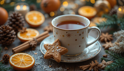 Fototapeta premium Holiday Comfort Scene with Tea, Cookies, Cinnamon, and Christmas Decor