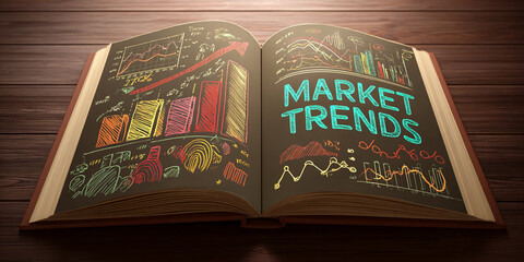 Open book showcasing colorful market trend graphs and charts drawn on dark pages, symbolizing business analysis and market research