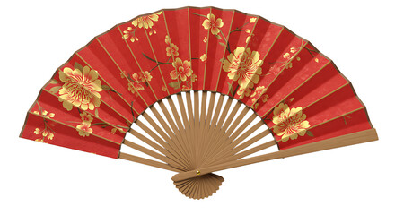 Elegant red hand fan with intricate floral motifs, a testament to traditional design