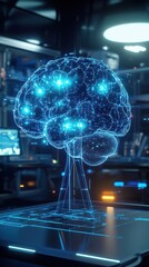 Naklejka premium A holographic representation of a brain, overlaid with digital data.