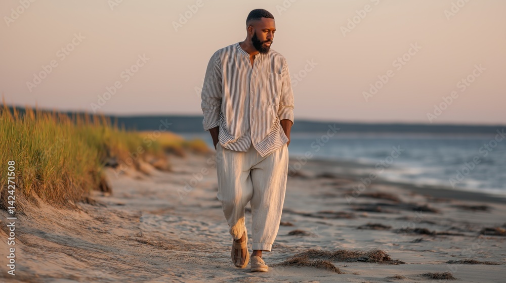 Poster a man strolls peacefully along a beach at sunset, with soft waves lapping at the shore and golden li