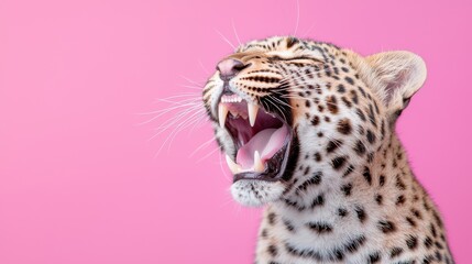 Naklejka premium Roaring Leopard Portrait on Pink