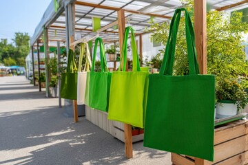 Eco-Friendly Market Display Featuring Colorful Shopping Bags