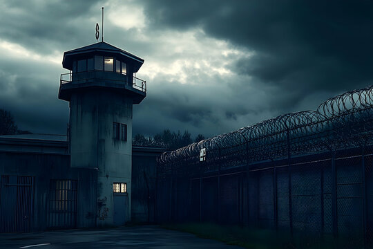 Prison tower at night under stormy skies.