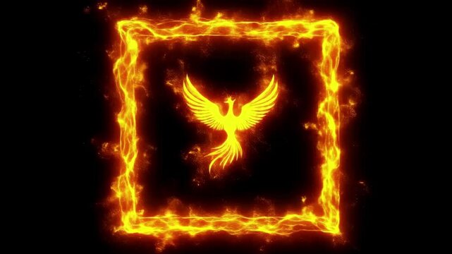 Dynamic fiery phoenix symbol encased in an illuminated flame border against a dark background