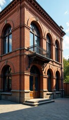 Vintage brick office building with arched windows and columns, old, historic, exterior