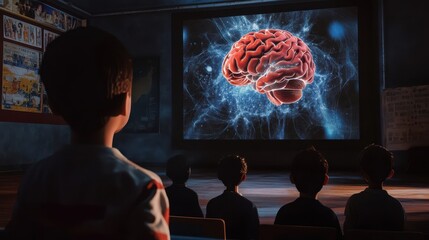 Children captivated by a projected image of the human brain.