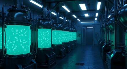 A futuristic lab with glowing tanks filled with liquid and bubbles in a long dark corridor room space