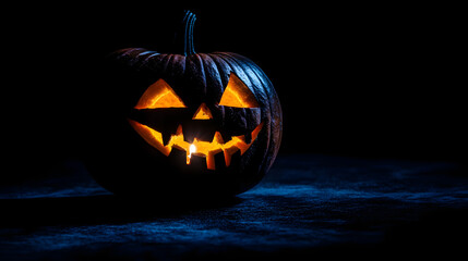A spooky carved Halloween pumpkin with a menacing grin, glowing from a candle inside.