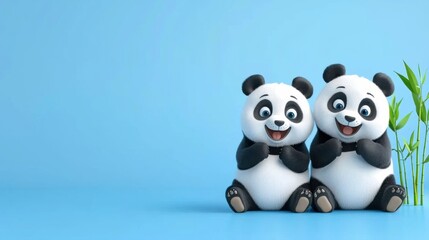 Obraz premium Cute Panda Bears Cartoon on Blue Background