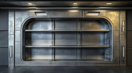 Obraz premium Empty metallic sci-fi storage shelves with futuristic design, illuminated by overhead lights in a high-tech interior setting.