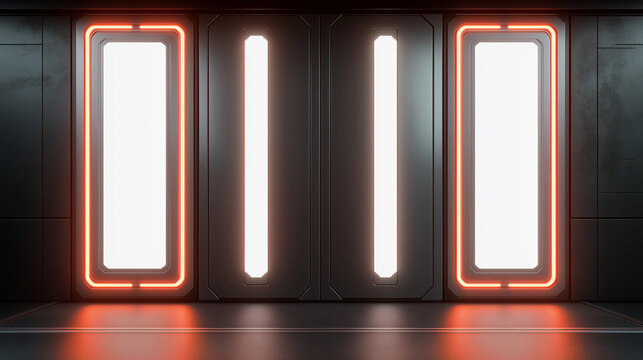 Futuristic sci fi corridor interior with glowing vertical lights, metallic walls and neon red illuminated door frames
