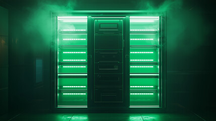 High-tech server rack with glowing green lights in a dark futuristic data center environment, surrounded by digital mist.